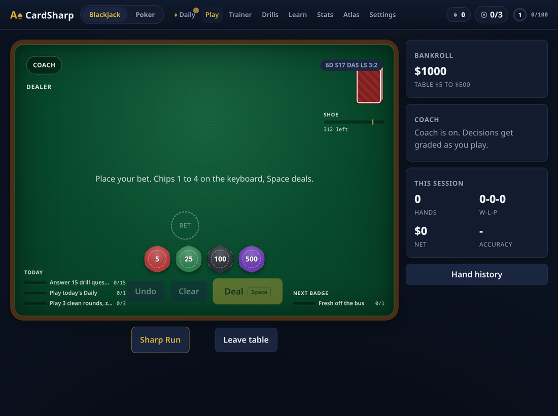 CardSharp blackjack table with a live coach grading decisions, bankroll, and session stats